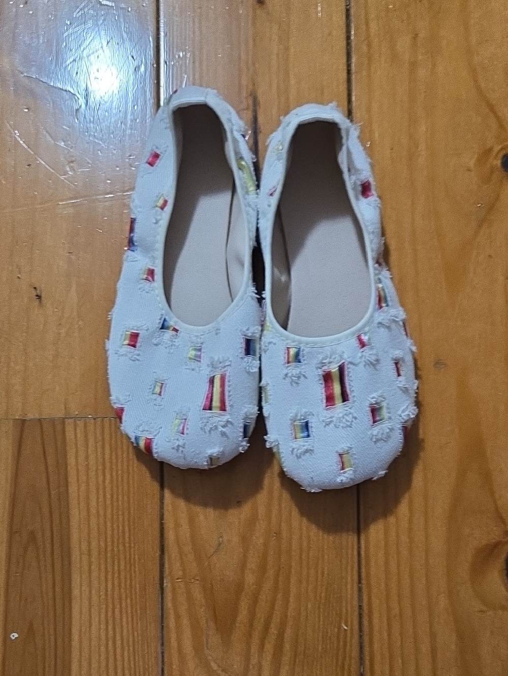 Kids White Canvas Ballet Flats with Multicolor Stripes